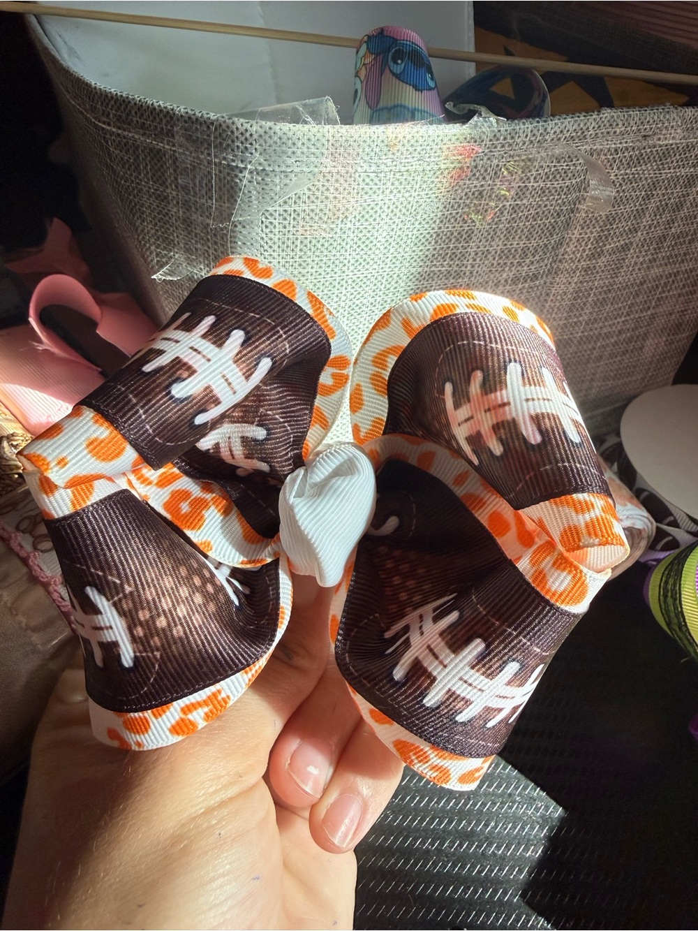 Girls toddler and baby Football Print Hair Bow in Brown, White & Orange TN gold